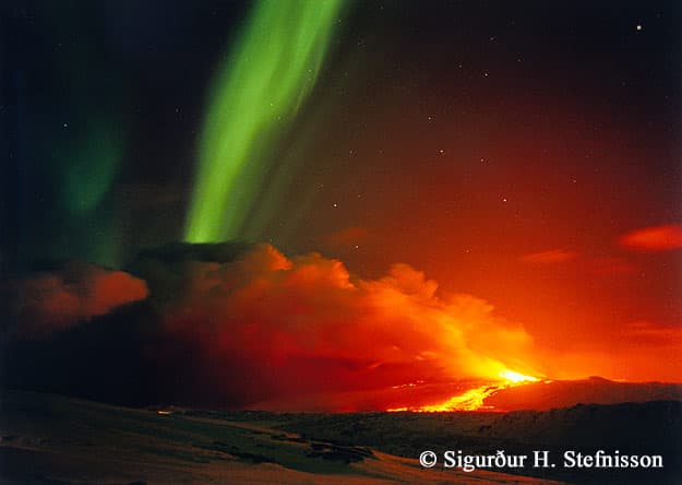 APOD: Volcano and Aurora in Iceland - January 21, 2002