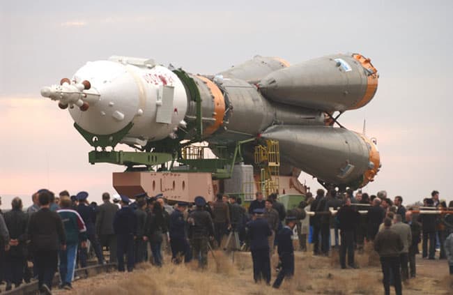 APOD: Rollout of a Soyuz TMA-2 Aboard an R7 Rocket - April 28, 2003