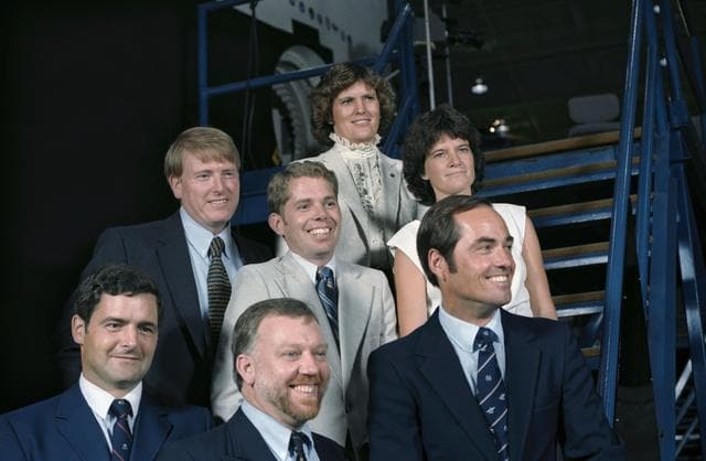 NASA image: Portrait view of STS 41-G crew in civilian clothes