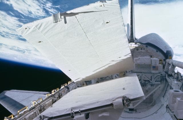 NASA image: View of the SIR-B antenna being deployed during STS 41-G
