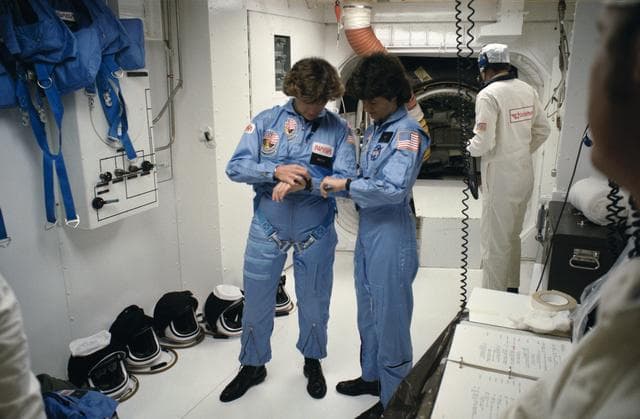 NASA image: Astronauts Sullivan and Ride synchronize their watches before liftoff