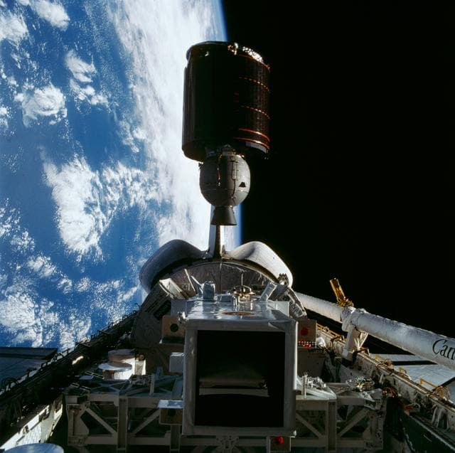 NASA image: Mexico's Morelos satellite deploying from Discovery's payload bay