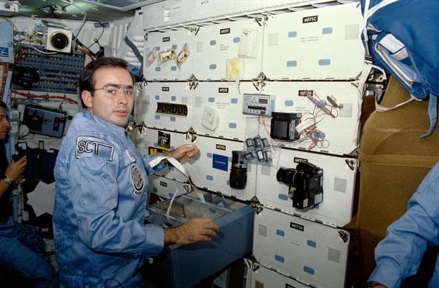 NASA image: Payload specialists Rodolfo Neri prepares to begin experiments for Mexico