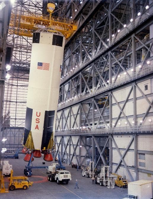 NASA image: Apollo 8 Saturn V First Stage Lift in VAB