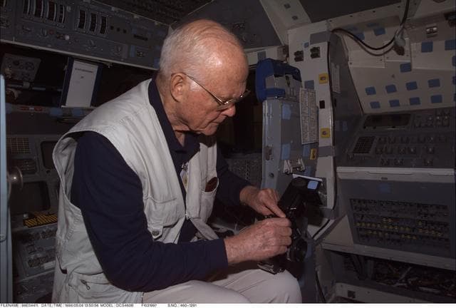 NASA image: STS-95 mission specialist Senator John Glenn in FFT on 05-08-98