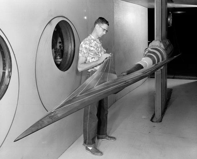 NASA image: Arrow Wing Model in the 6x6 Foot Wind Tunnel at NASA Ames.