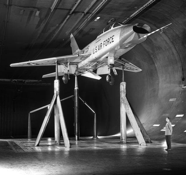 NASA image: North American Aviation F-100 in the Ames 40x80 Foot Wind Tunnel.