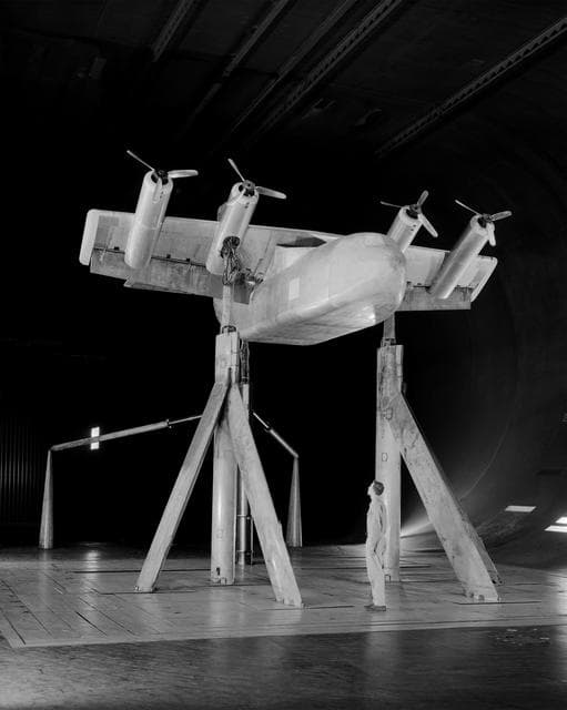 NASA image: Tilt-Wing/Propeller Model With Blowing Flaps Tested in the 40x80 foot Wind Tunnel at NASA Ames.