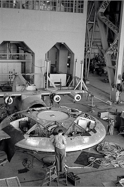 Avrocar in the shop of the 40x80 foot wind tunnel.