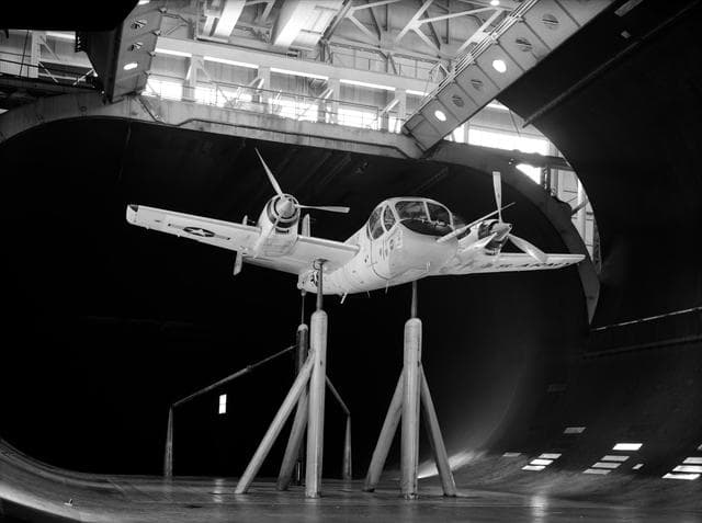 NASA image: Grumman YAO-1 airplane mounted in the 40x80 foot wind tunnel at Ames.