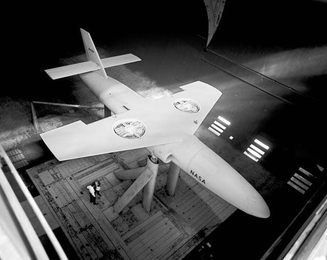 NASA image: A-28399. GE Fan in Wing in Ames 40x80 foot wind tunnel.