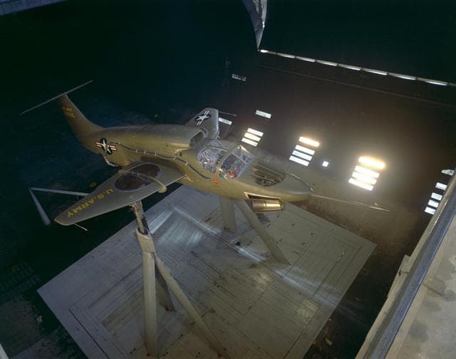 NASA image: Overhead view of Ryan XV-5A lift-fan VSTOL airplane.