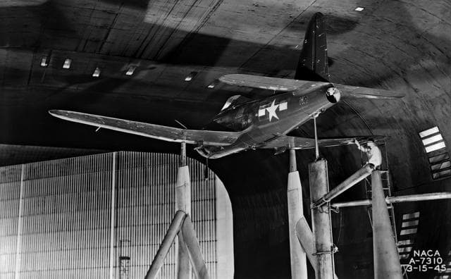 NASA image: Ryan FR-1 in 40x80 foot Wind Tunnel from below.