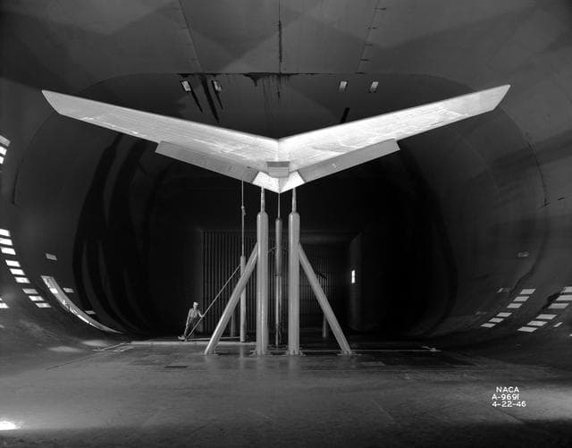 NASA image: Swept wing with inboard split flaps in Ames 40x80 foot Wind Tunnel.