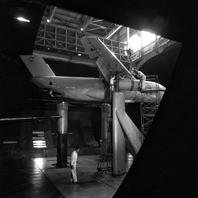 NASA image: Swept Augmentor Wing Model Installed in the Ames 40X80 Foot Wind Tunnel.