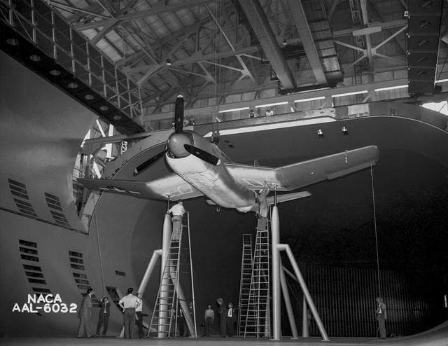 NASA image: Installation of the Douglas XSB2D-1 in the Test Section of the 40x80 Foot Wind Tunnel at Ames.