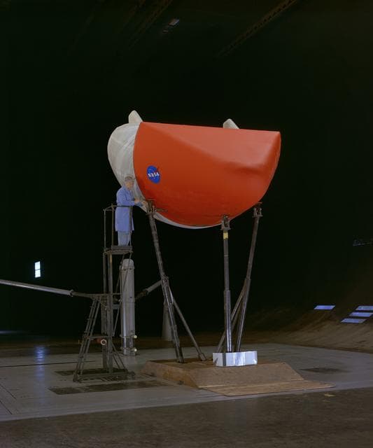 NASA image: M-1-L Inflatable Recovery able Lifting Body Model in Ames 40x80 foot Wind Tunnel.