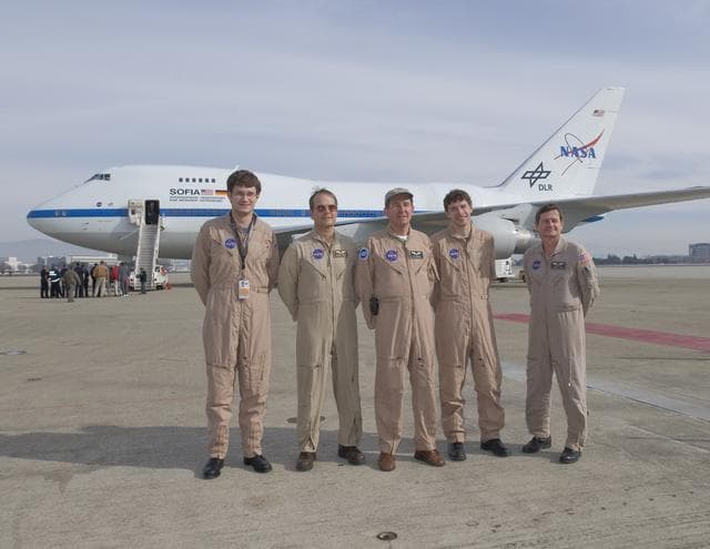 NASA image: The flight crew of NASA's SOFIA airborne observatory includes (from left), Ulli Lampater Marty Trout, Bill Brockett Andres Reinacher and Frank Batteas.
