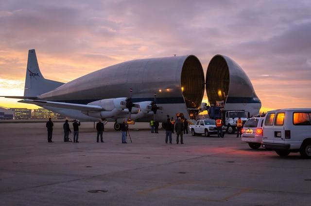 NASAs B377SGT Super Guppy Turbine Cargo Airplane lands at Moffett Field at NASA Ames.