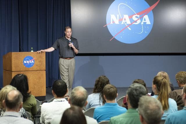 NASA image: Bridenstine holds town hall with employees speaking of his vision for the agency and answering questions. 