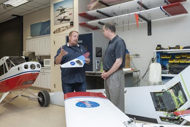 NASA image: Bridenstine is inside Armstrong's Dale Reed Flight Research Lab aka "The Model Shop" used for rapid prototyping, design, fabrication, assembly and integration, modification, maintenance and operation of experimental subscale flight research vehicles