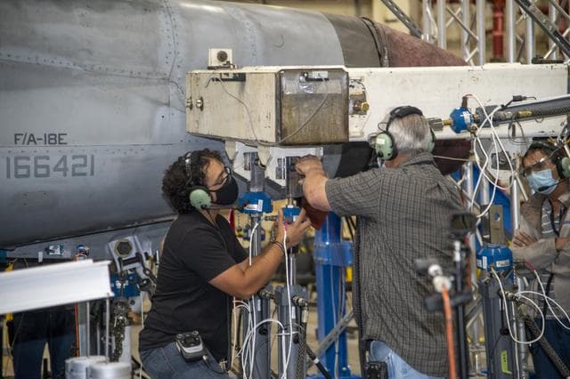 NASA image: Title: NAVAIR F/A-18E Undergoes Loads Testing at NASA Armstrong