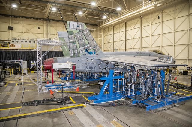 NASA image: Title: NAVAIR F/A-18E Undergoes Loads Testing at NASA Armstrong
