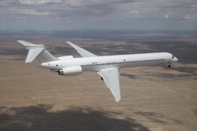 NASA image: Boeing MD-90 flies from Victorville, California to Palmdale, California where it will begin modifications as part of NASA Sustainable Flight Demonstrator
