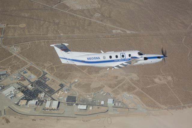 NASA image: NASA Pilatus PC-12 soars over NASA’s Armstrong Flight Research Center in Edwards, California on Sept. 18, 2024.