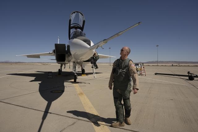 NASA image: NASA Test Pilot Inspects New Shock-Sensing Probe Ahead of Calibration Flight 