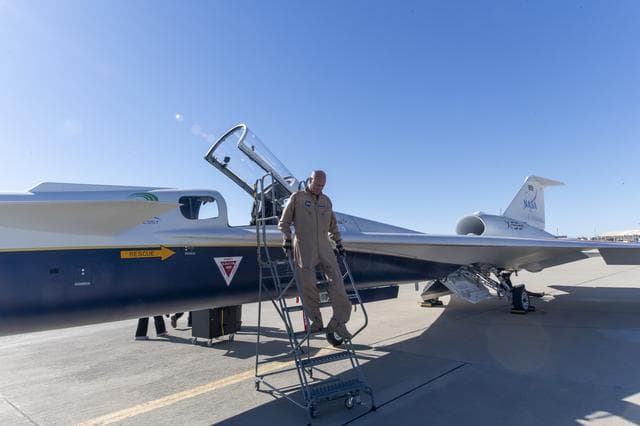 NASA image: X-59 Test Pilot Exits the Aircraft After First Flight