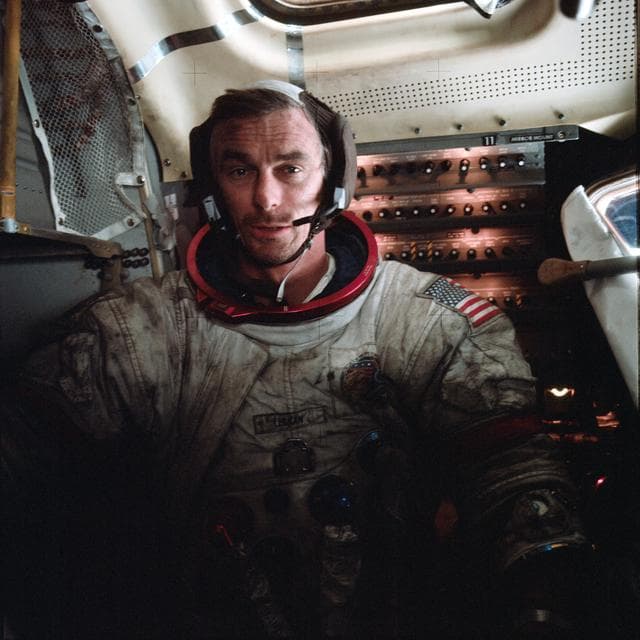 NASA image: Astronaut Eugene Cernan inside the lunar module on lunar surface after EVA