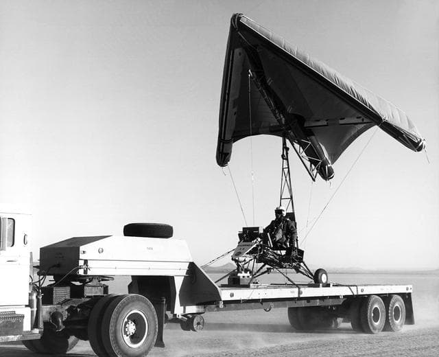 NASA image: Paresev 1-C with inflatable wing testbed aboard a truck in preparation for flight tests