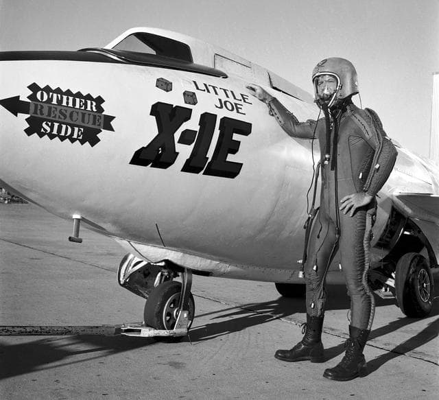 NASA image: Joe Walker in pressure suit with X-1E
