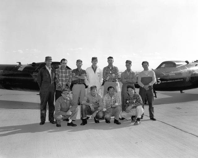 NASA image: X-15 Personnel - A photo commemorating all three X-15's being flown during the same week