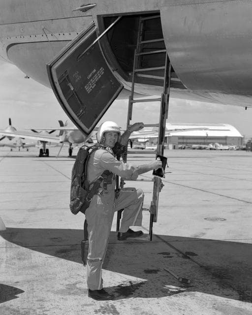 NASA image: Stan Butchart climbing into B-47