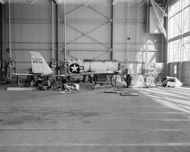 NASA image: Wreckage of the X-2 rocket plane was taken to NACA's High Speed Flight Station for analysis following the 1956 crash that killed Air Force pilot Capt. Mel Apt
