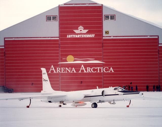 NASA image: ER-2 #809 outside Arena Arctica hangar in Kiruna, Sweden prior to the SAGE III Ozone Loss and Validation Experiment (SOLVE)