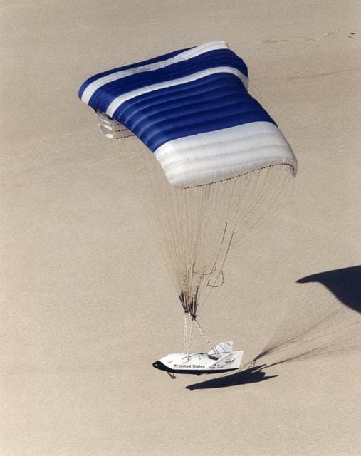 The X-38 Second Prototype Flares to a Landing over the Lakebed at the End of Its Fifth Flight at Edwards Air Force Base
