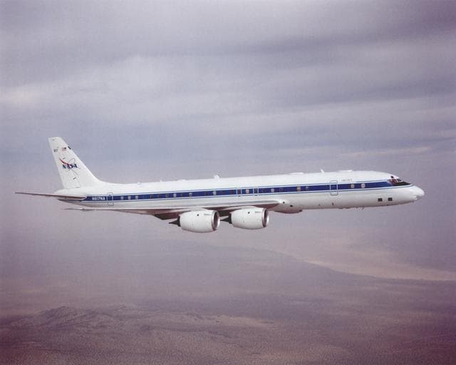 NASA image: DC-8 returning from AFWEX deployment showing AeroSAPIENT Ku-band antennas