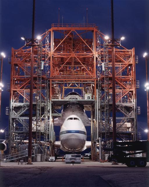 NASA image: The Space Shuttle Atlantis centered in the Mate-Demate Device (MDD) at NASA's Dryden Flight Research Center at Edwards, California