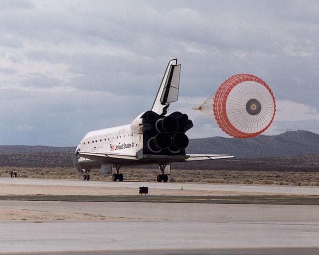 NASA image: Space Shuttle Atlantis landing at 12:33 p.m. February 20, 2001, on the runway at Edwards Air Force Base, California, where NASA's Dryden Flight Research Center is located