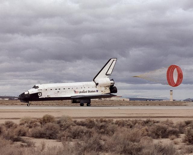 Space Shuttle Atlantis landing at 12:33 p.m. February 20, 2001, on the runway at Edwards Air Force Base, California, where NASA's Dryden Flight Research Center is located