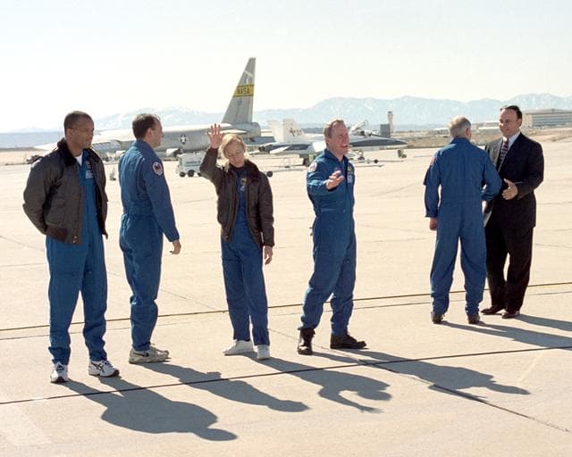 The five crew members of the Space Shuttle Atlantis on the STS-98 mission depart NASA Dryden to return to the Johnson Space Center at Houston