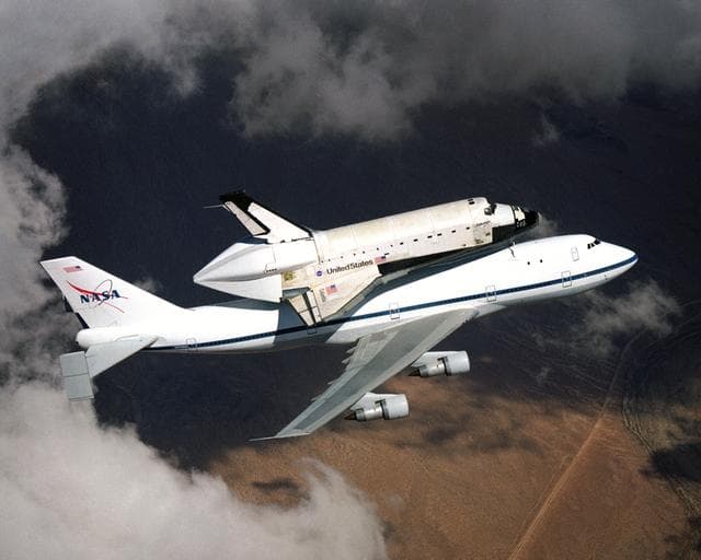 NASA image: NASA space shuttle Columbia hitched a ride on a special 747 carrier aircraft for the flight from Palmdale, California, to Kennedy Space Center, Florida, on March 1, 2001