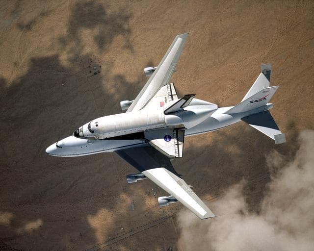 NASA image: NASA space shuttle Columbia hitched a ride on a special 747 carrier aircraft for the flight from Palmdale, California, to Kennedy Space Center, Florida, on March 1, 2001