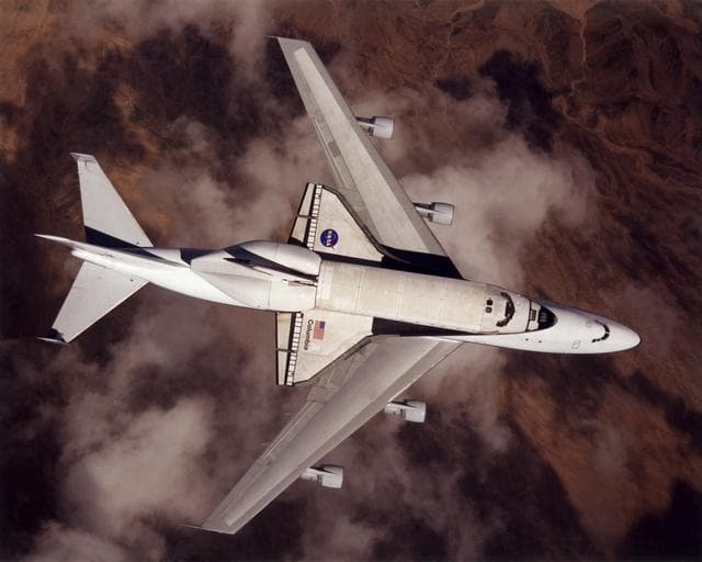 NASA image: NASA space shuttle Columbia hitched a ride on a special 747 carrier aircraft for the flight from Palmdale, California, to Kennedy Space Center, Florida, on March 1, 2001