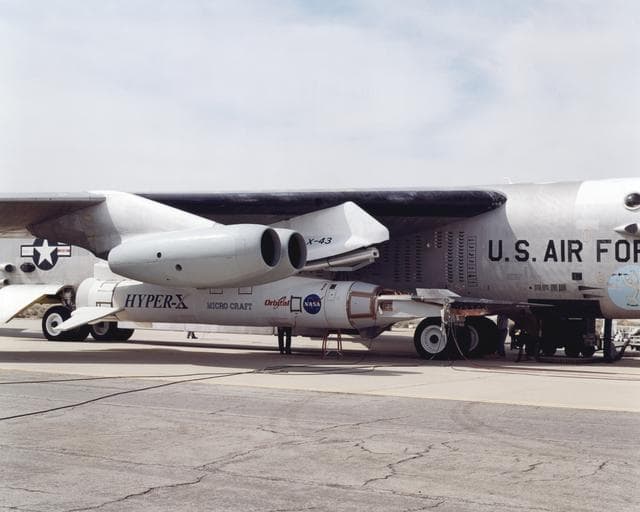 NASA image: The X-43A hypersonic research aircraft and its modified Pegasus® booster rocket recently underwent combined systems testing while mounted to NASA's NB-52B carrier aircraft
