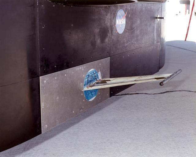 NASA image: The Aerostructures Test Wing (ATW), which consisted of an 18-inch carbon fiber test wing with surface-mounted piezoelectric strain actuators, was mounted on a special ventral flight test fixture and flown on Dryden's F-15B Research Testbed aircraft