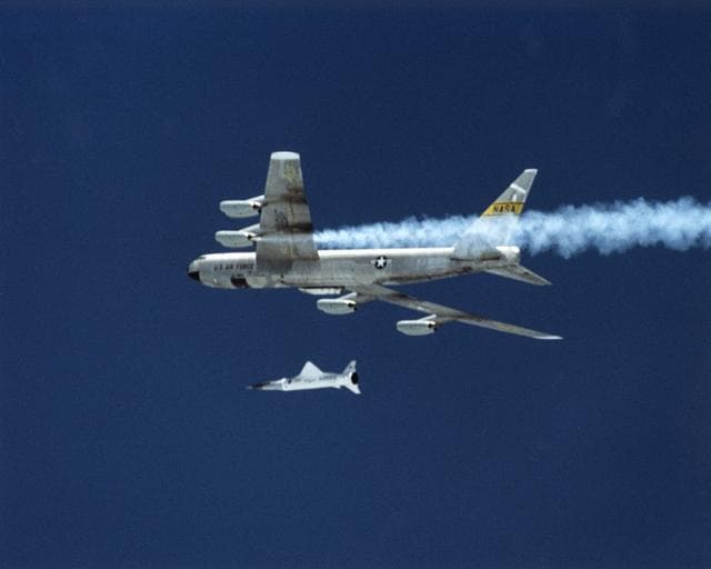 NASA image: Moments after release from NASA's B-52 carrier aircraft, the X-43A/Pegasus "stack" is seen before ignition of the Pegasus rocket motor on